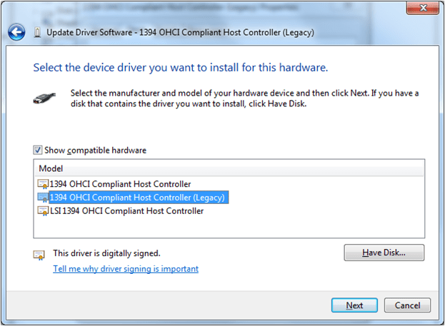 change to 1394 legacy driver in device manager update driver
