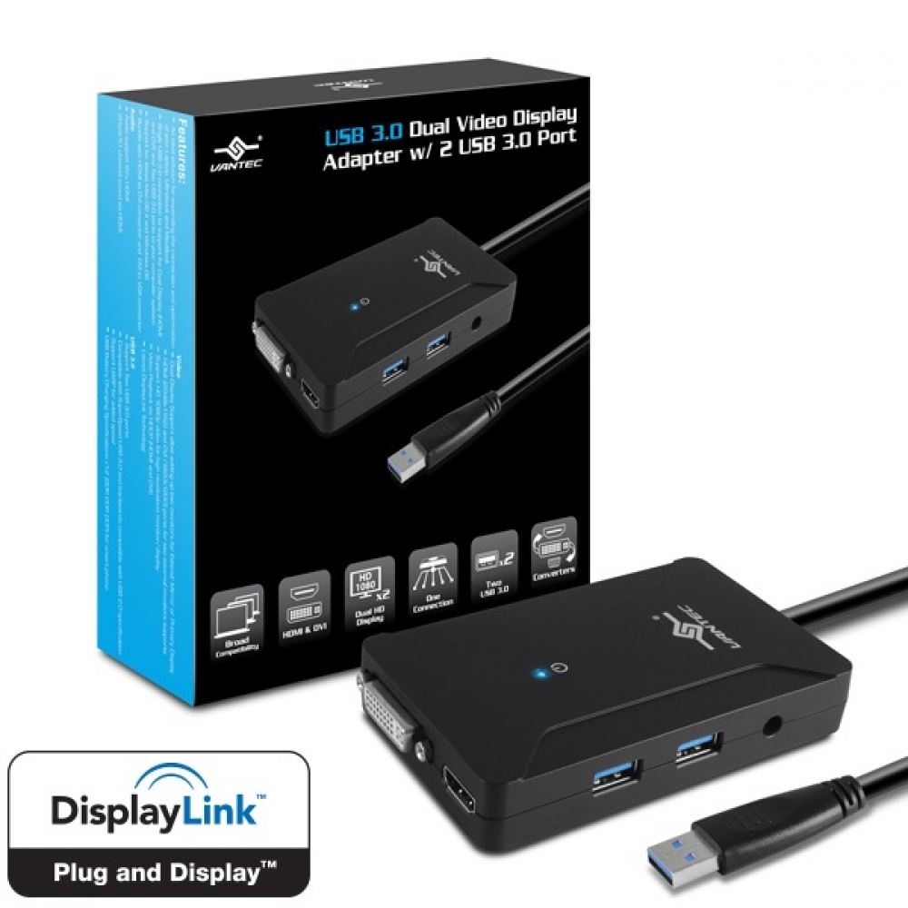 USB 3.0 Dual Video Display Adapter w/2 USB 3.0 port - Vantec 